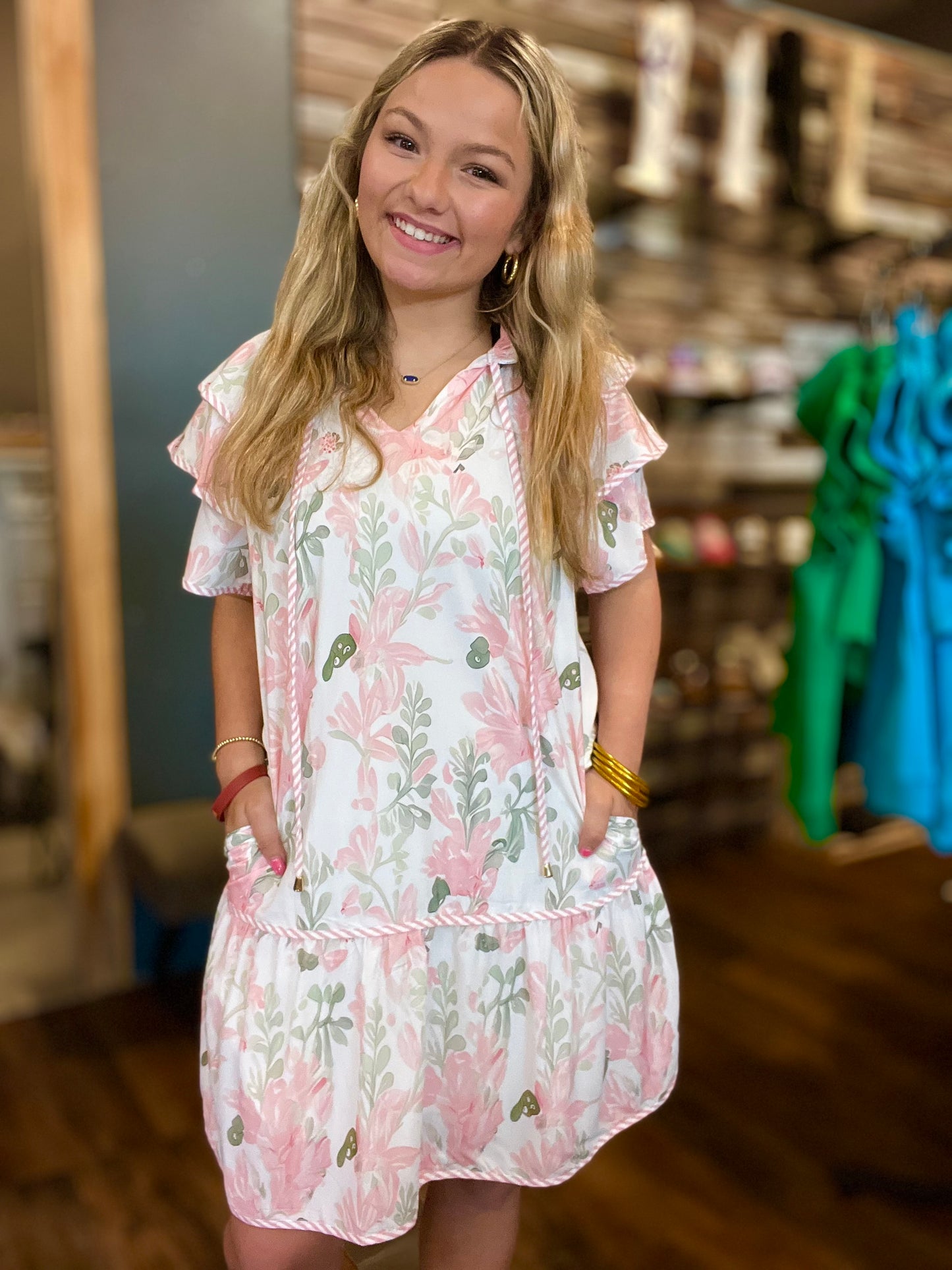 Floral Contrast Edge Layered Tied Neck Mini Dress