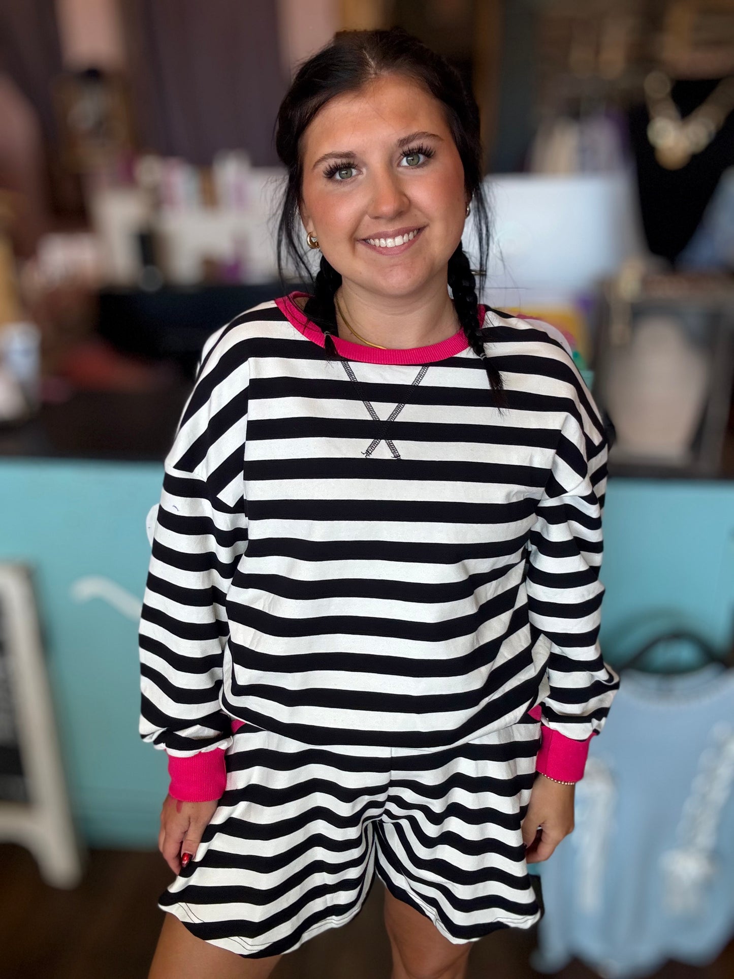 Stripe Contrast Long Sleeve Top Loose Shorts Set