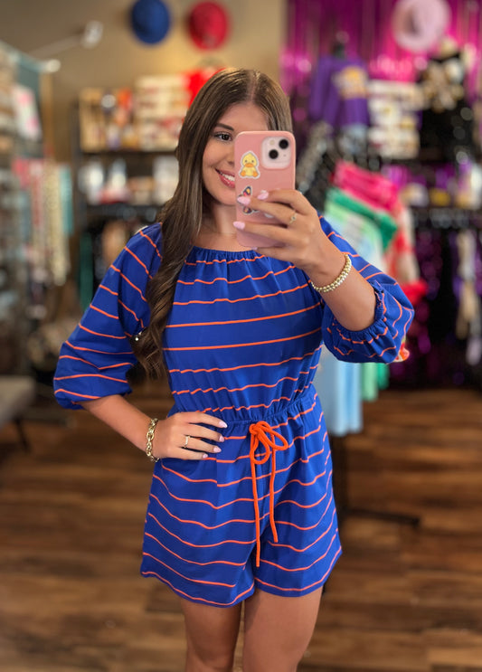 Striped Off-The-Shoulder Quarter Sleeve Romper