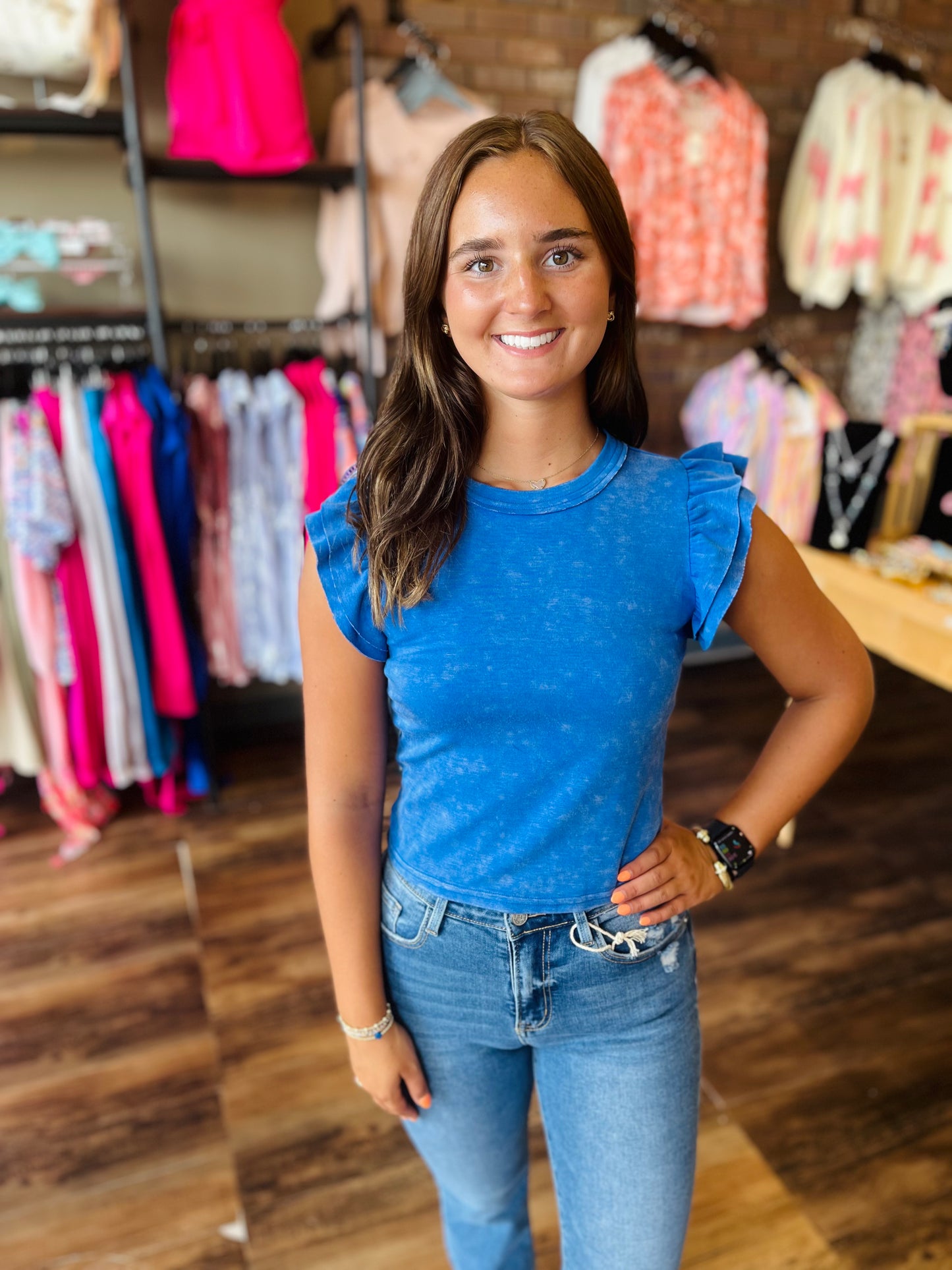 Mineral Wash Ruffle Sleeve Blouse