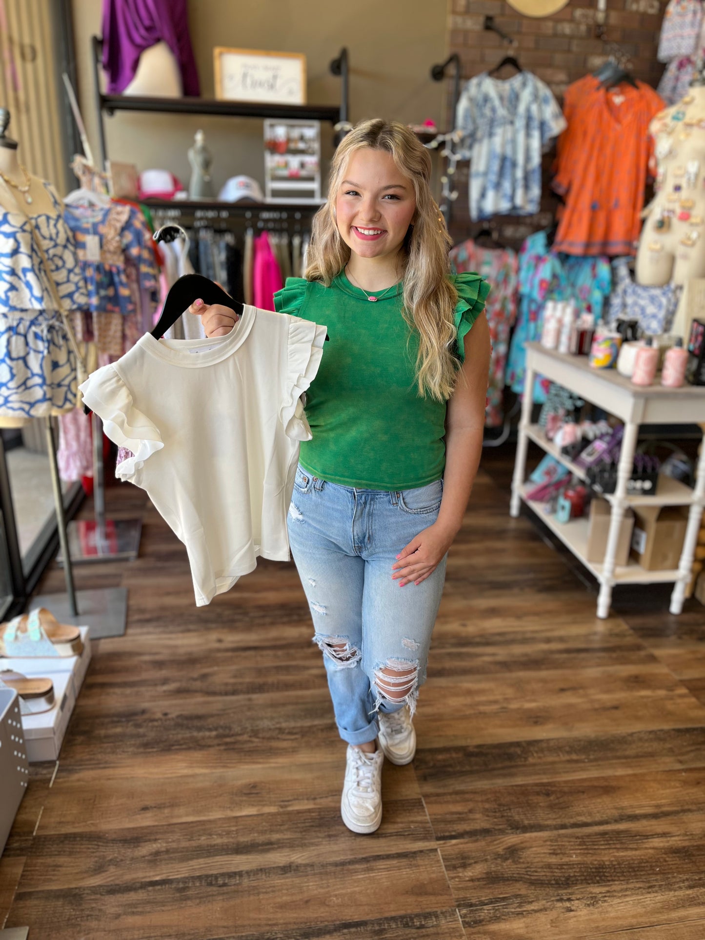 Mineral Wash Ruffle Sleeve Blouse