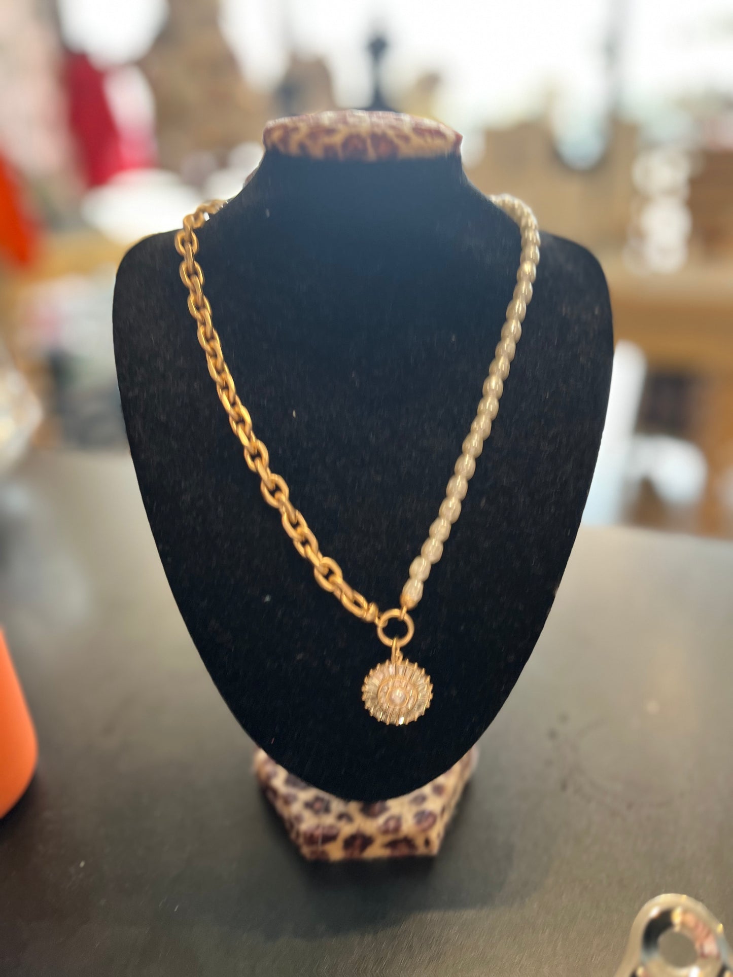 JM Gold/ Pearl Necklace with Crystal Drop