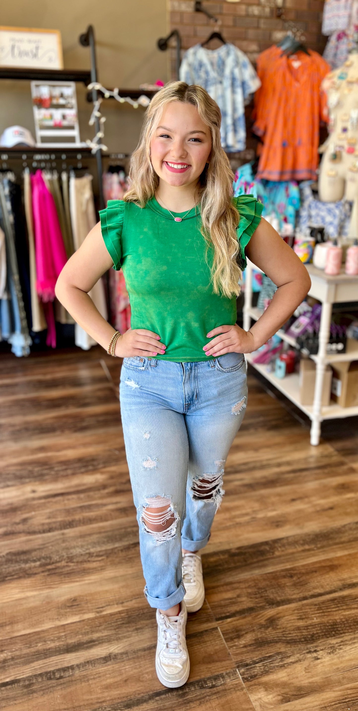 Mineral Wash Ruffle Sleeve Blouse