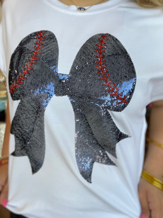 Navy Baseball Bow Sequin Design Cap Sleeve