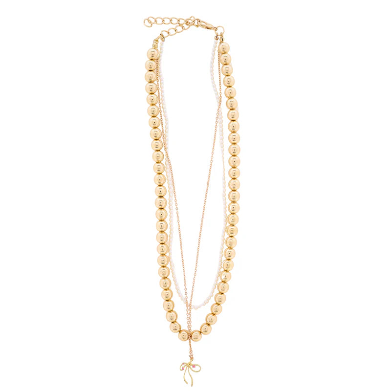 18K Gold Plated Gold & Pearl Beaded 3 Strand Necklace with Gold Bow