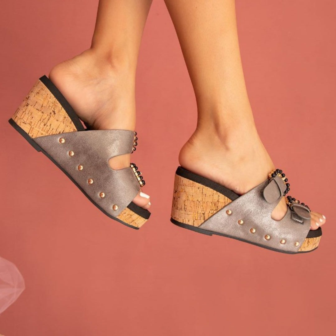 Brianna Pearl Buckle Wedge – Embellished Slide with Cork Heel in 3 Colors