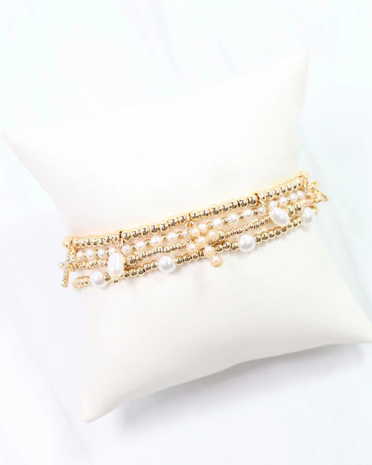 Olympia Pearl and Cross Stretch Bracelet Set Gold