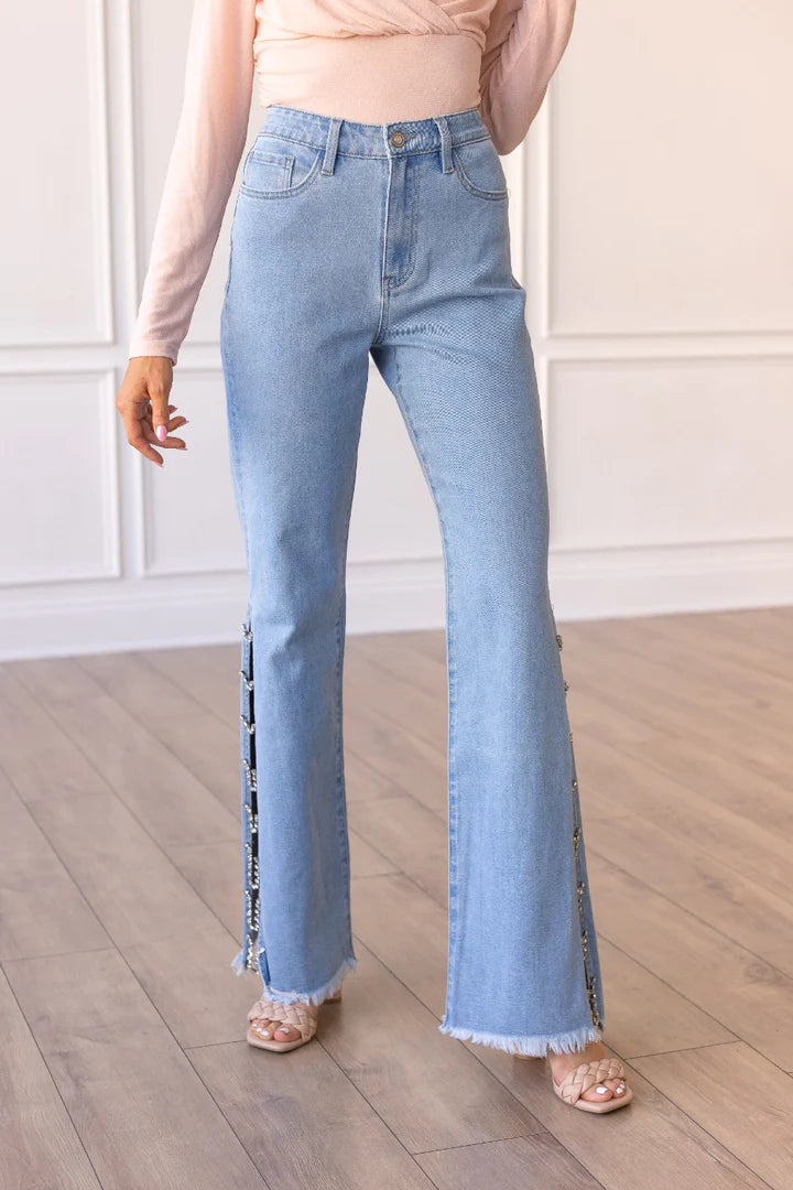 Light Wash Jeans with Rhinestone Chain