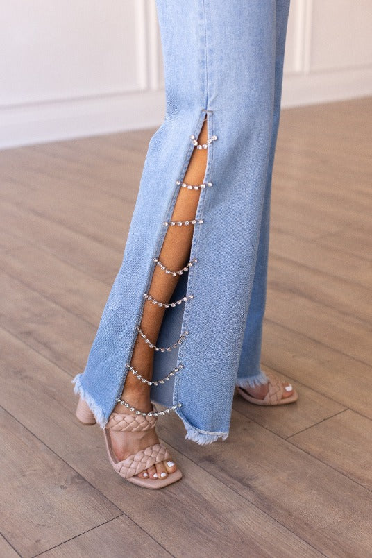 Light Wash Jeans with Rhinestone Chain