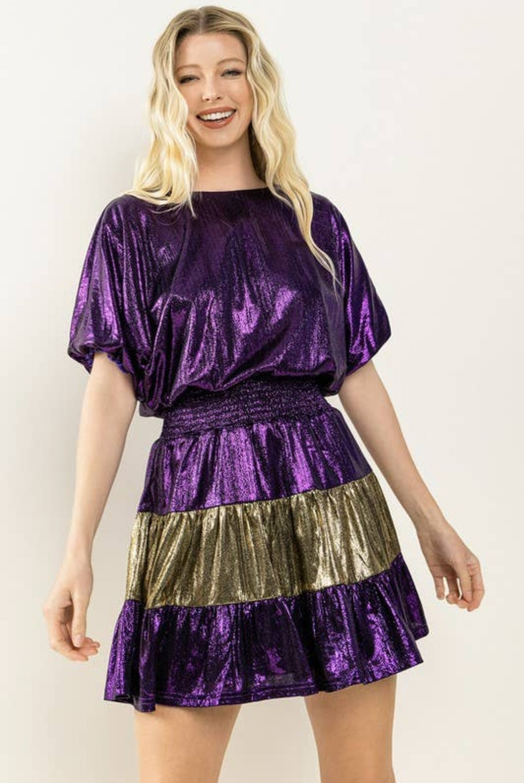 Metallic Bubble Sleeve Dress