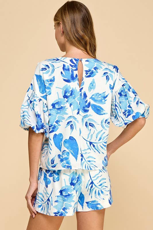 Palm Leaf Print Ruffled Top