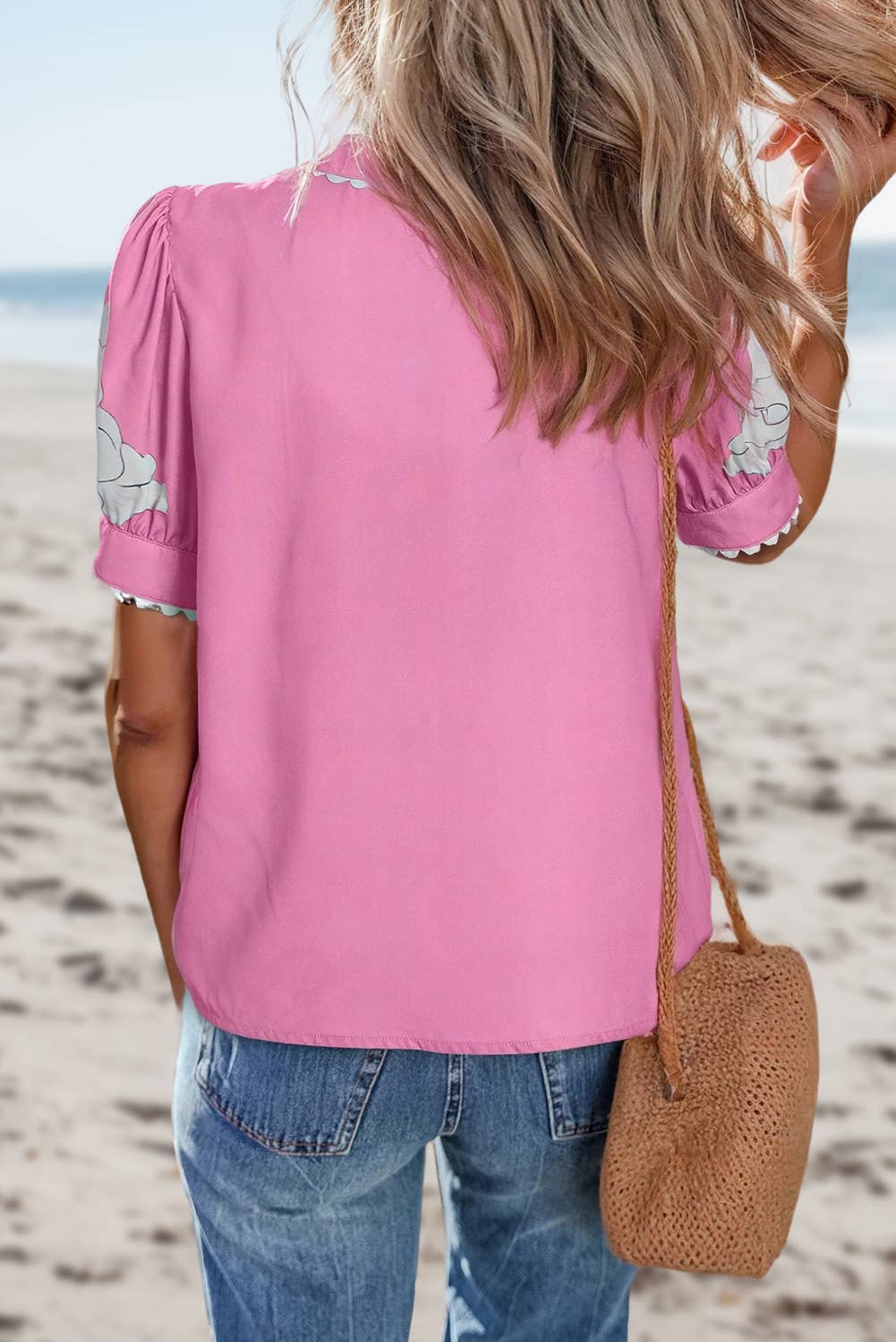 Floral Ric Rac Edge Puff Sleeve Button Up Top