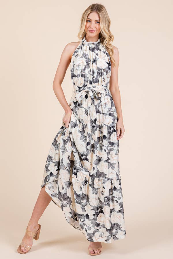 Floral Print Halter Neck Tie-Waist Tiered Maxi Dress