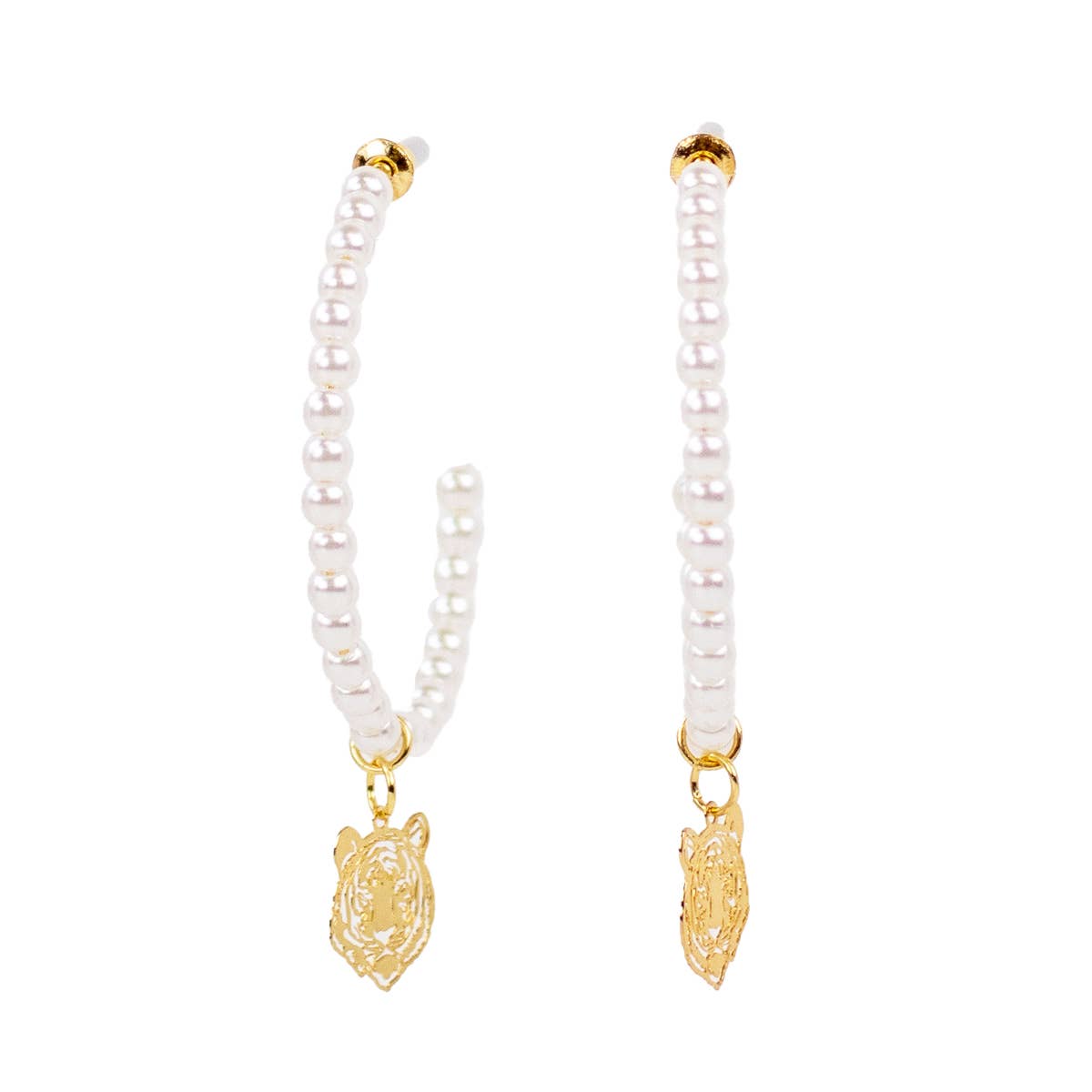 Tiger Pearl Hoop Earrings White/Gold 1.5"