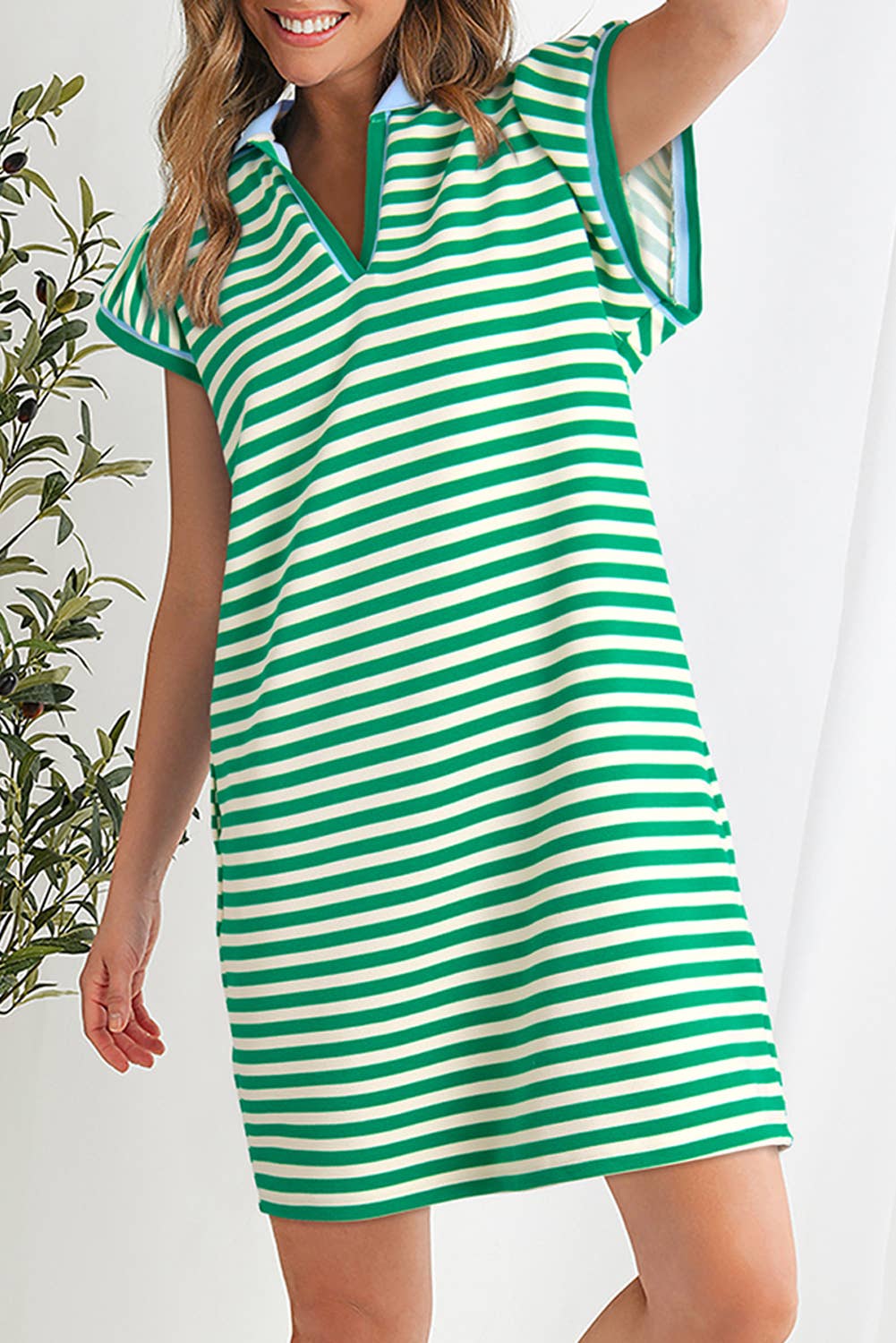 Striped Ruffle Short Sleeve V-Neck Fit Dress