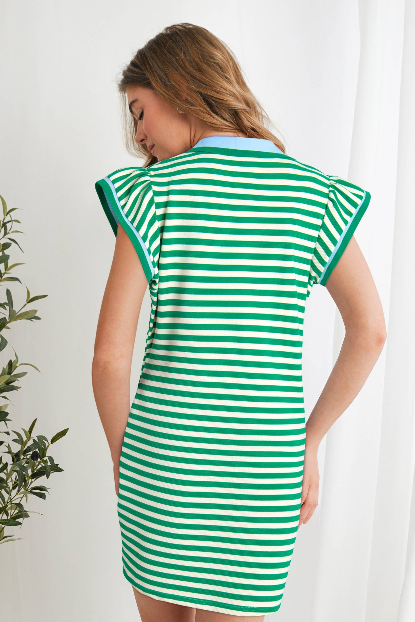 Striped Ruffle Short Sleeve V-Neck Fit Dress