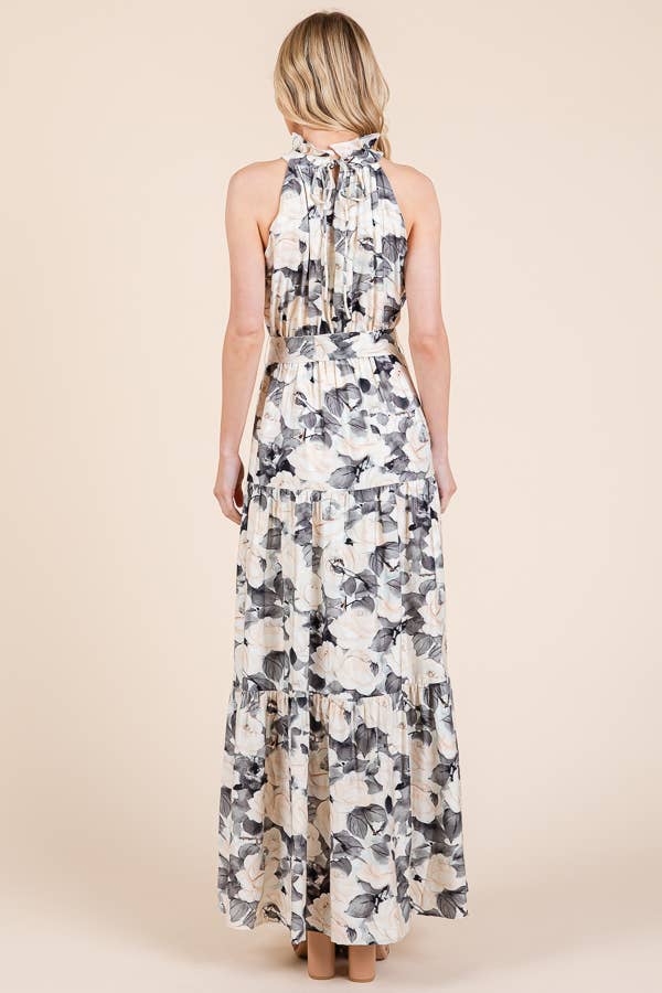 Floral Print Halter Neck Tie-Waist Tiered Maxi Dress