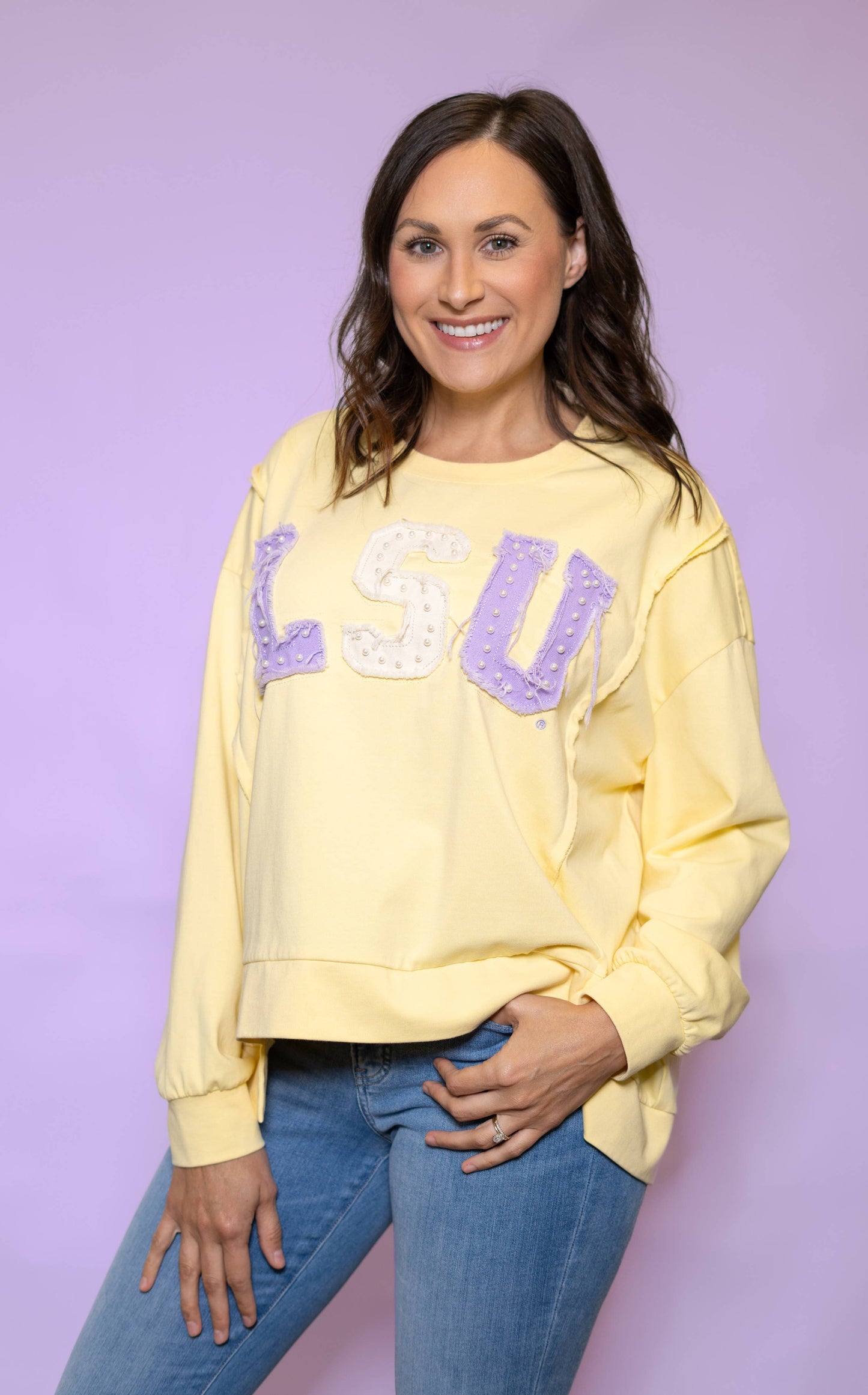 LSU (Licensed) | Women's Distressed Embroidery Pullover
