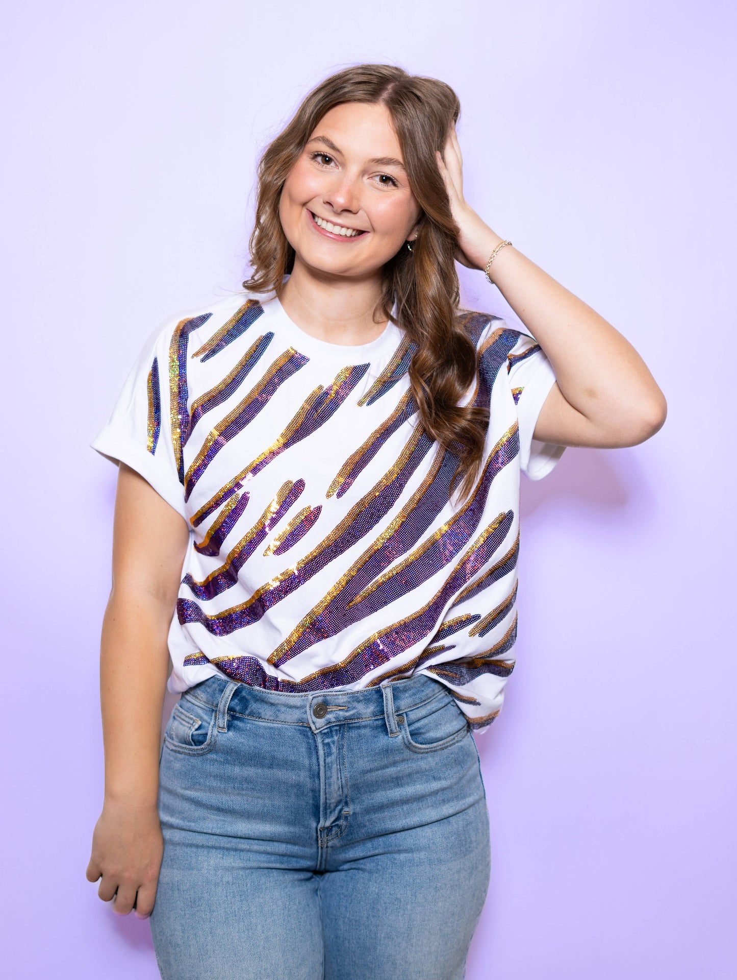 Purple & Gold Tiger Stripe Sequin Design Tee