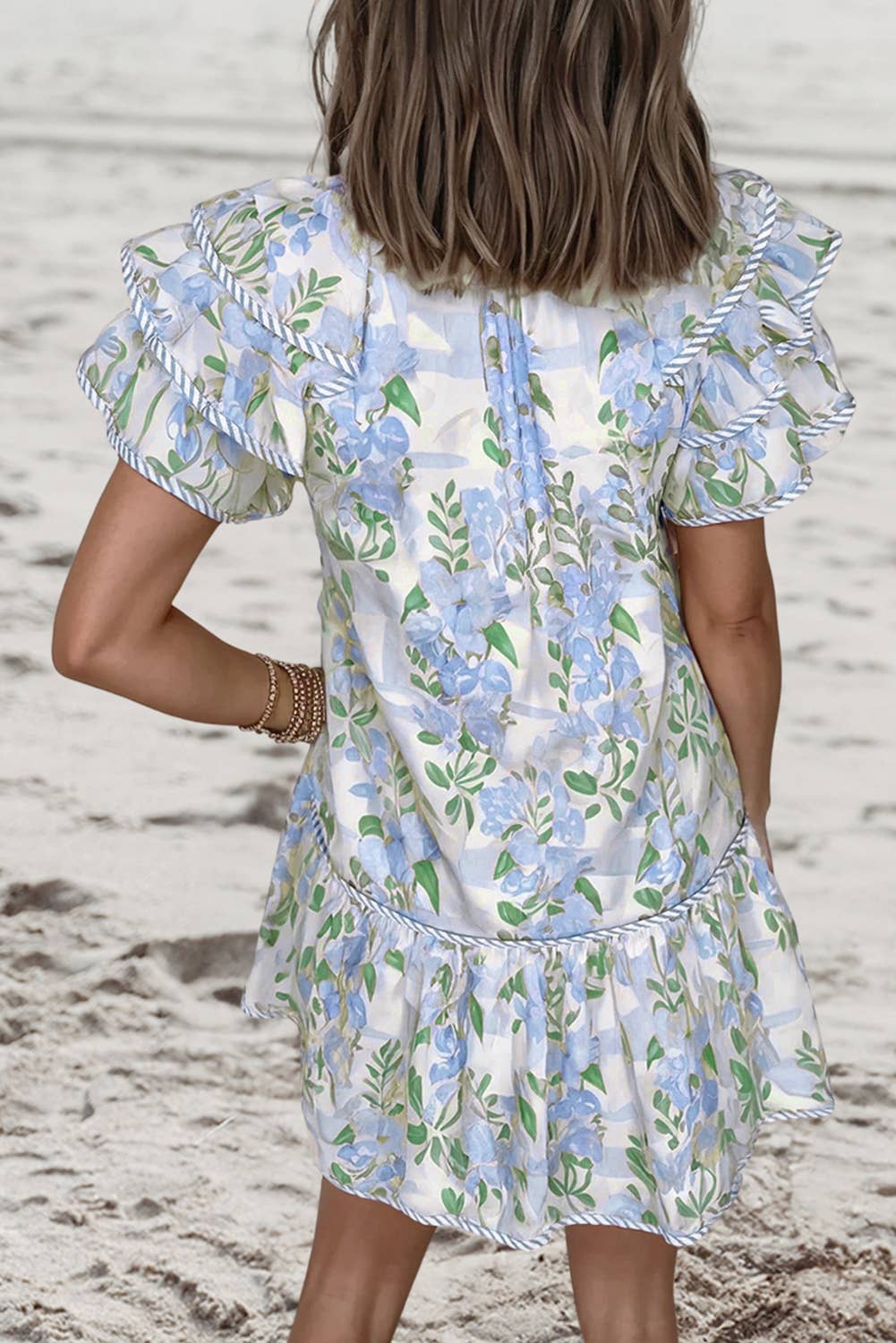 Floral Contrast Edge Layered Tied Neck Mini Dress