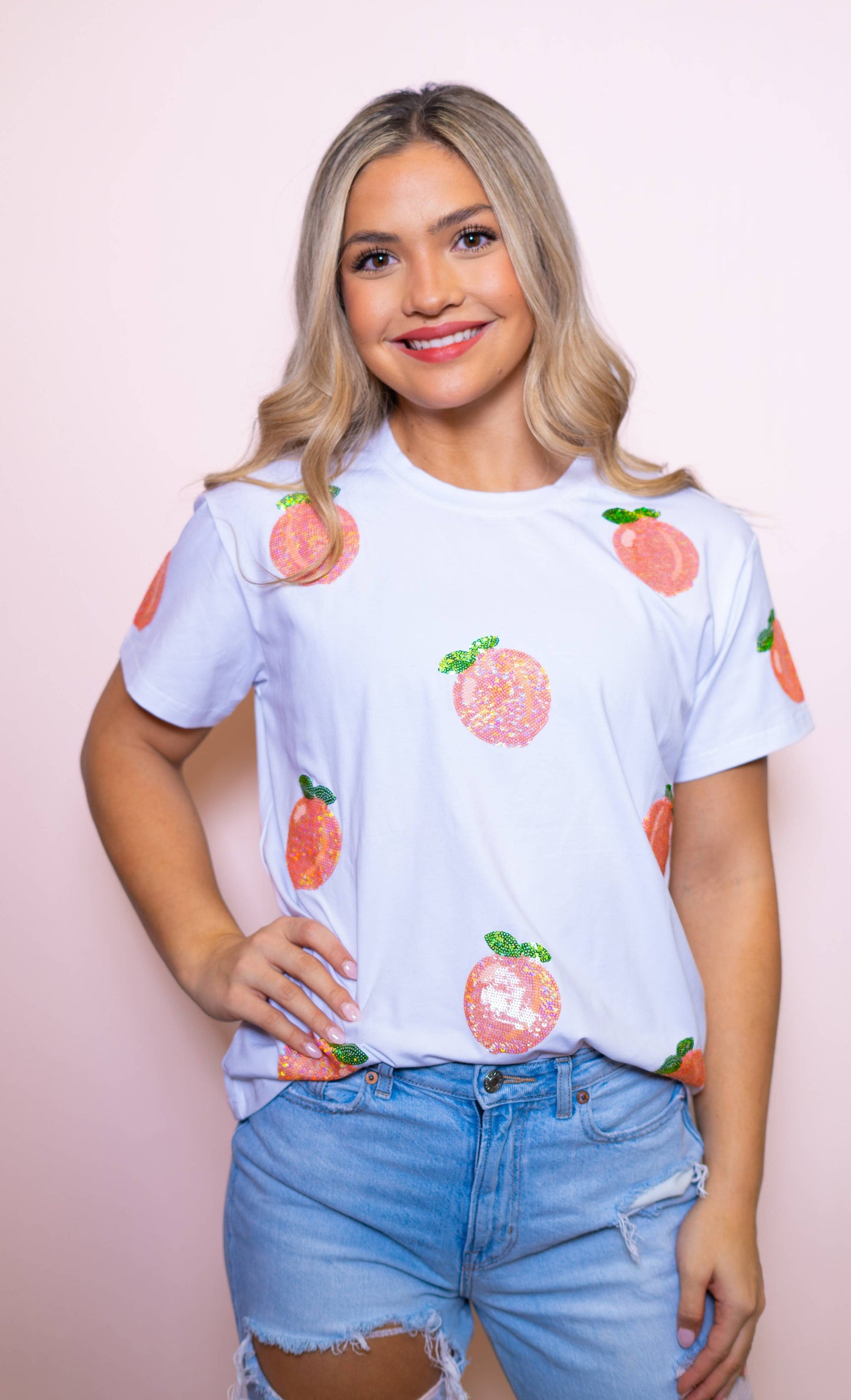 Scattered Peach Sequin Design (White)