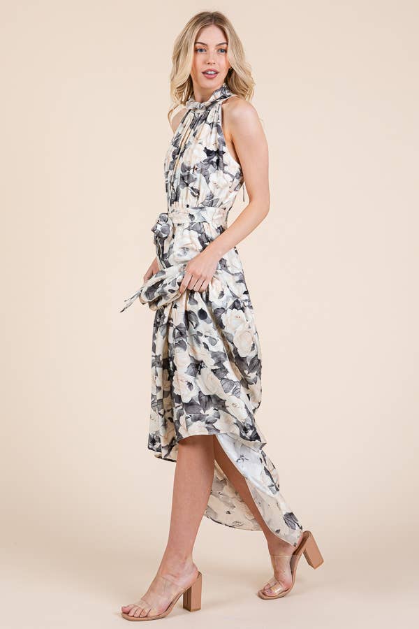 Floral Print Halter Neck Tie-Waist Tiered Maxi Dress