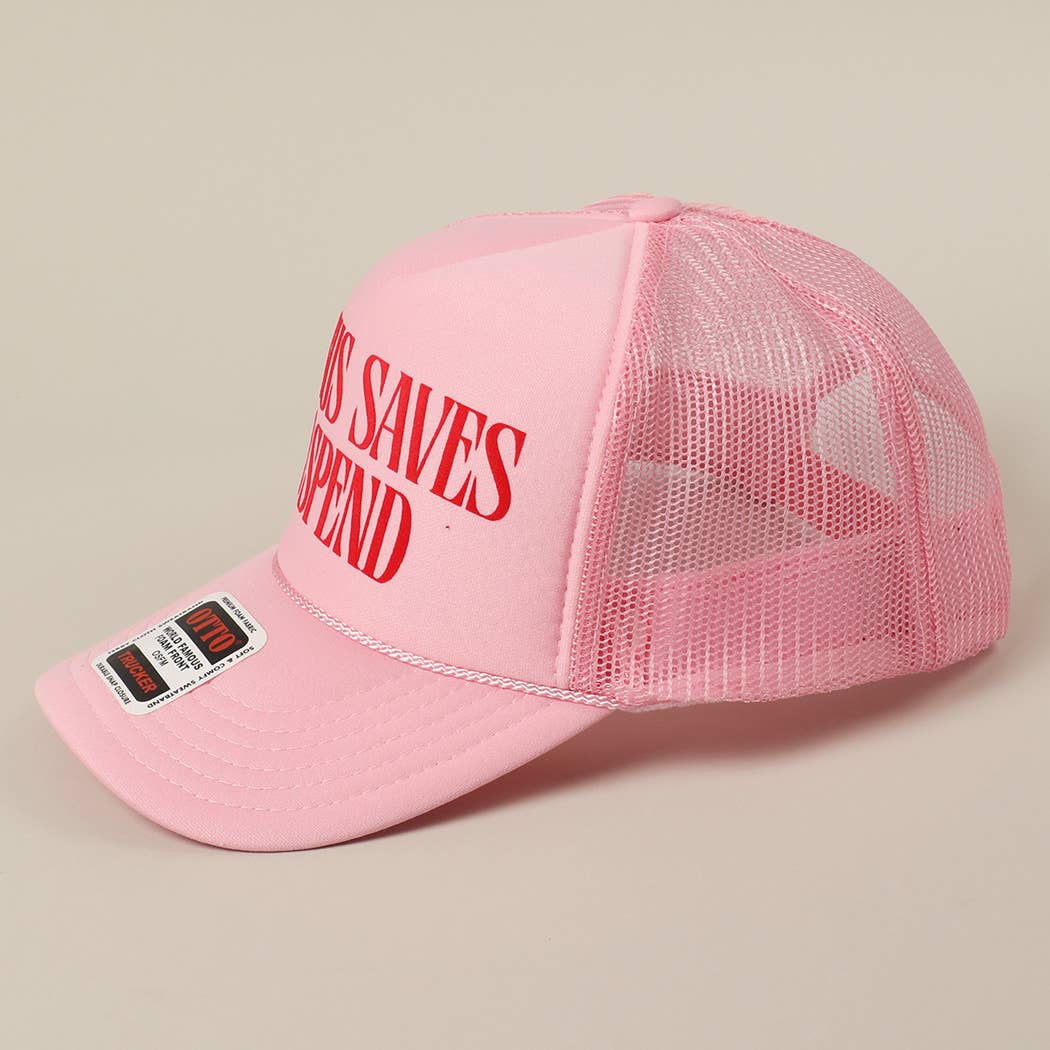 JESUS SAVES I SPEND Text Mesh Back Trucker Hat