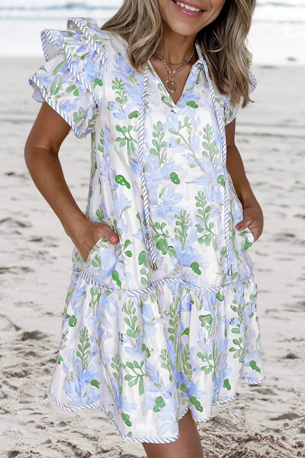 Floral Contrast Edge Layered Tied Neck Mini Dress