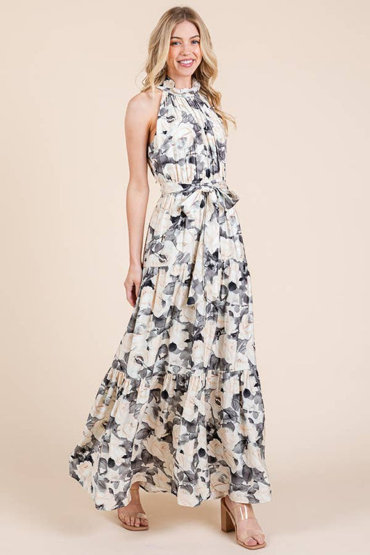 Floral Print Halter Neck Tie-Waist Tiered Maxi Dress