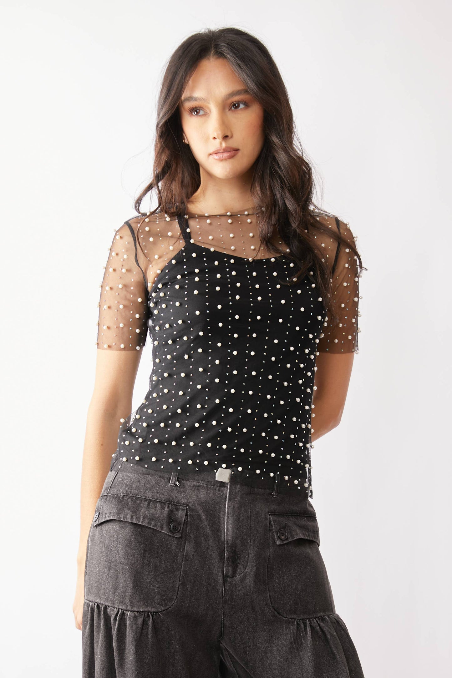Embellished Mesh Top