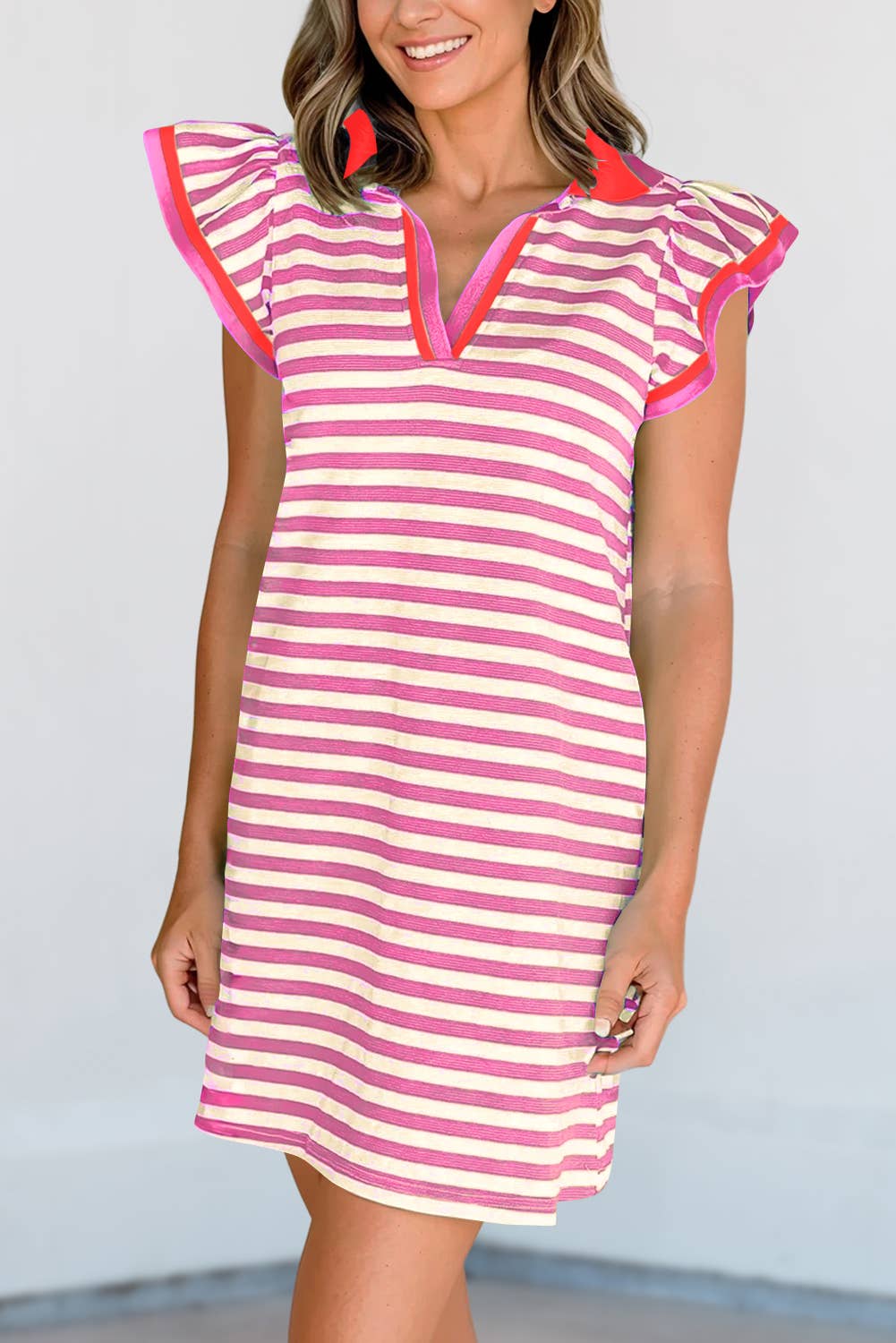 Contrast Striped Ruffle Short Sleeve V-Neck Fit Dress