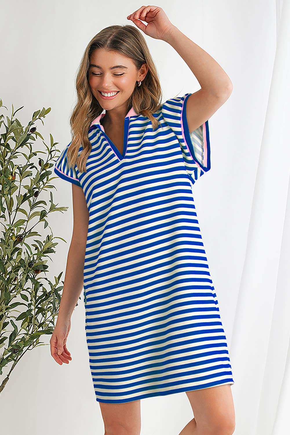 Striped Ruffle Short Sleeve V-Neck Fit Dress