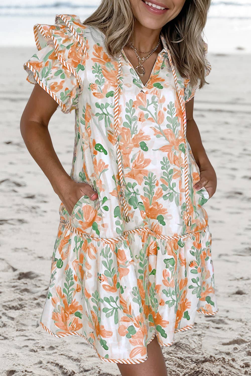 Floral Contrast Edge Layered Tied Neck Mini Dress