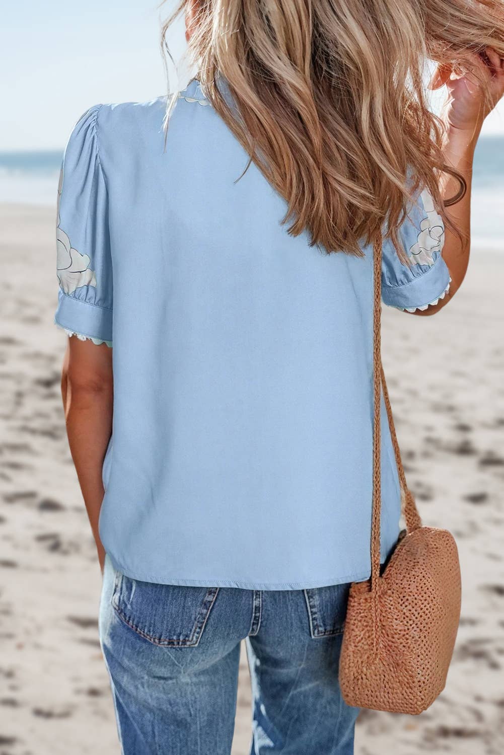 Floral Ric Rac Edge Puff Sleeve Button Up Top