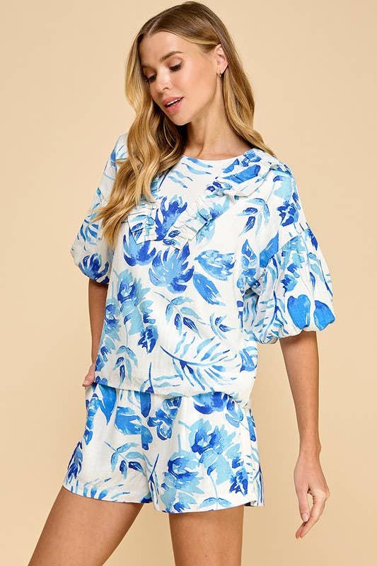 Palm Leaf Print Ruffled Top