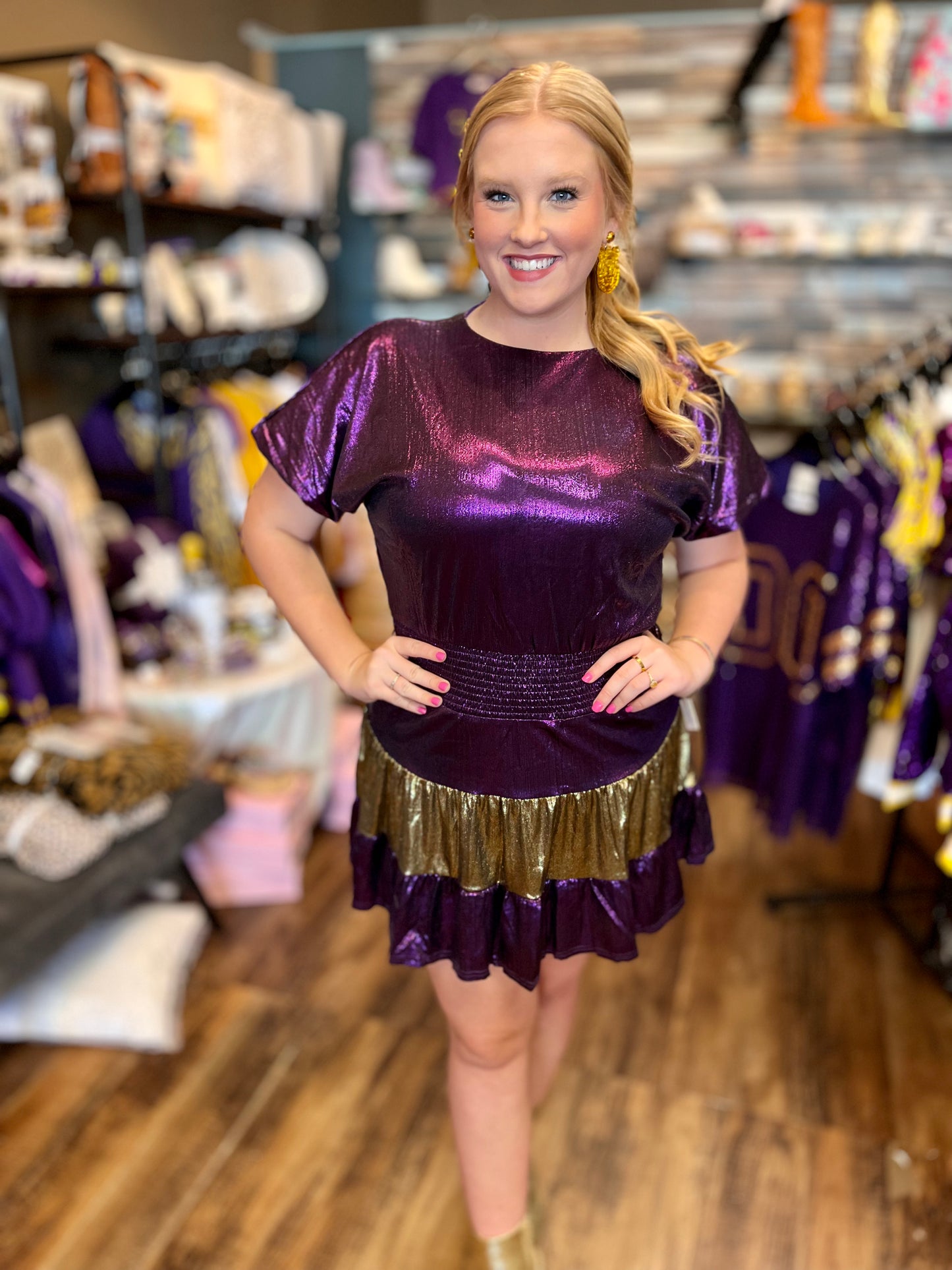Metallic Bubble Sleeve Dress