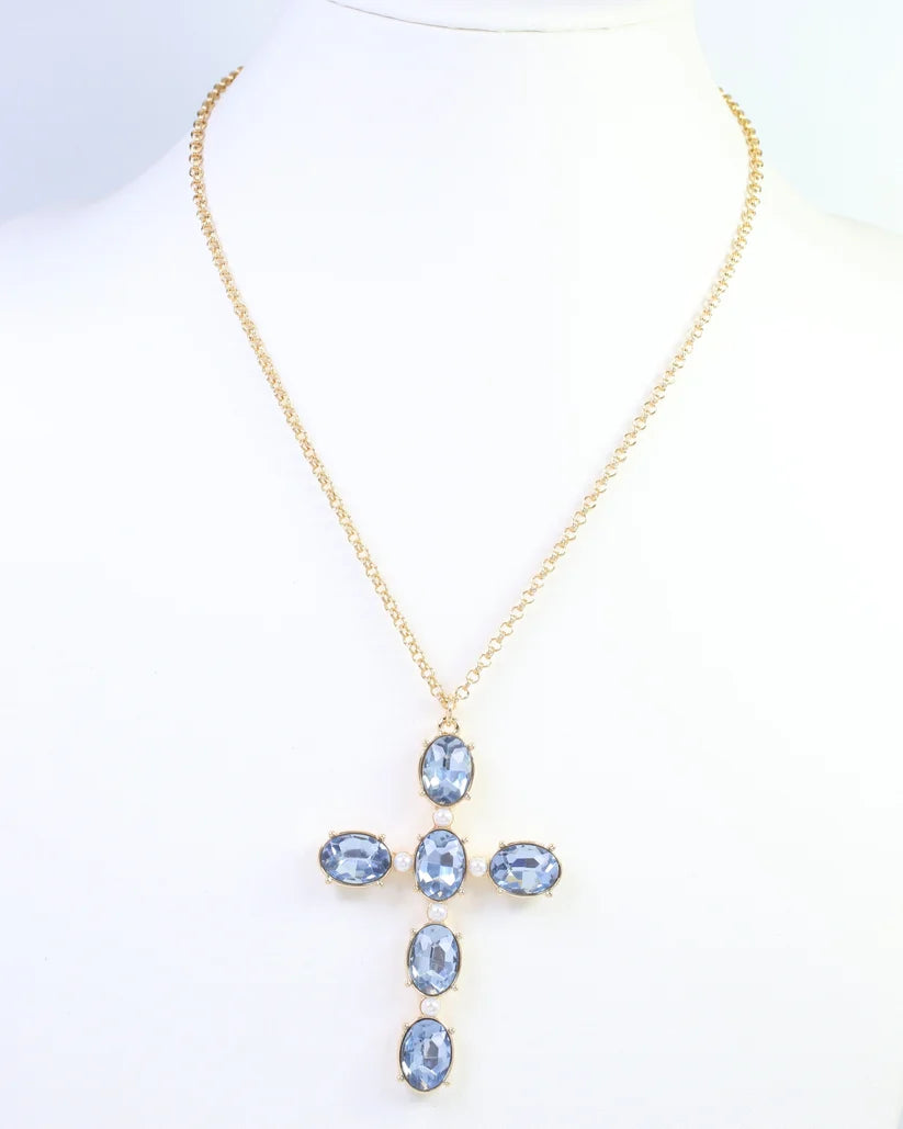 Gregory Glass Stone Cross Necklace Sapphire