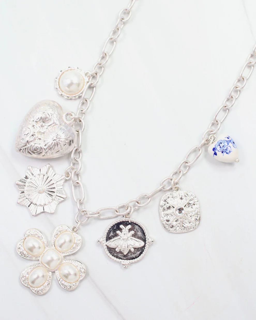 Verona Pearl Charm Necklace Worn Silver