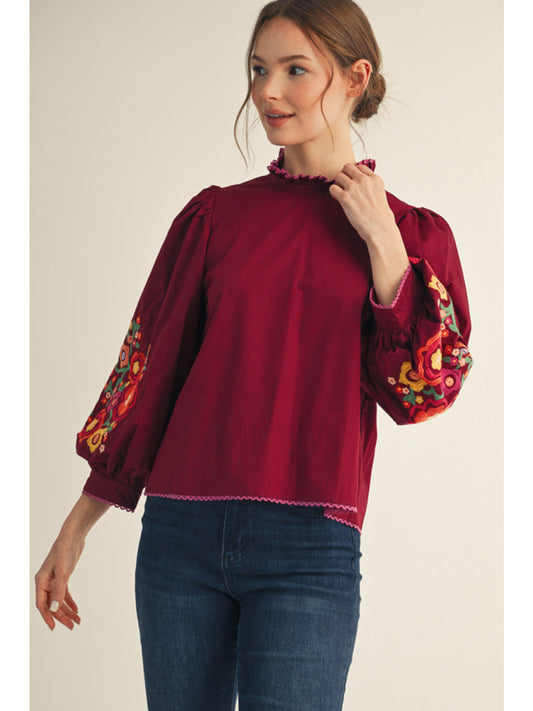 Fall Floral Embroidery Blouse