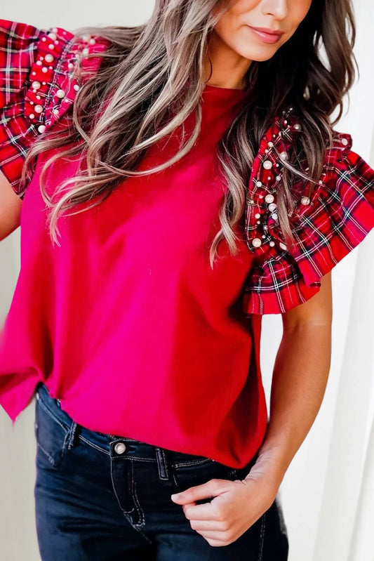 Red Plaid Pearl Ruffle Blouse