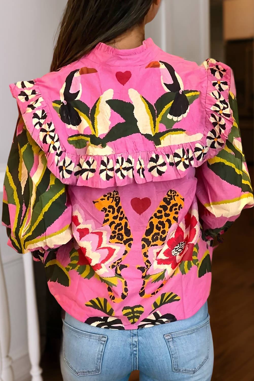 Leopard & Floral Print Ruffle Collared Blouse