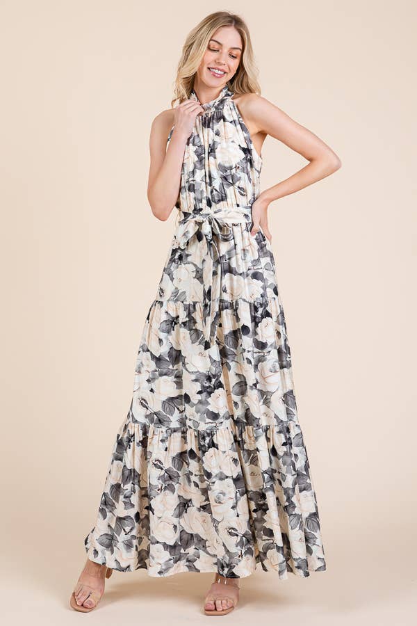 Floral Print Halter Neck Tie-Waist Tiered Maxi Dress