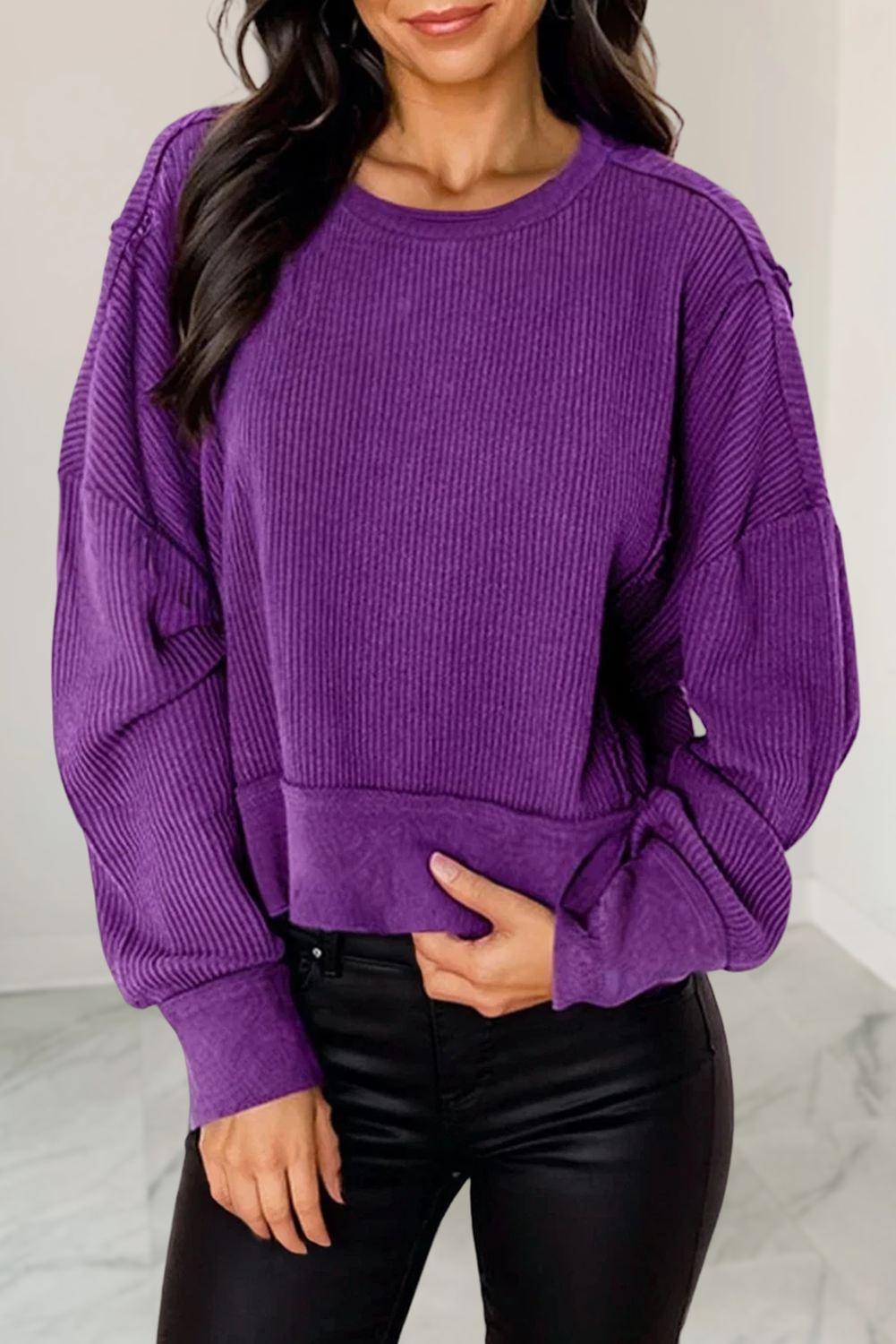 Solid Ribbed Drop Shoulder Sweatshirt