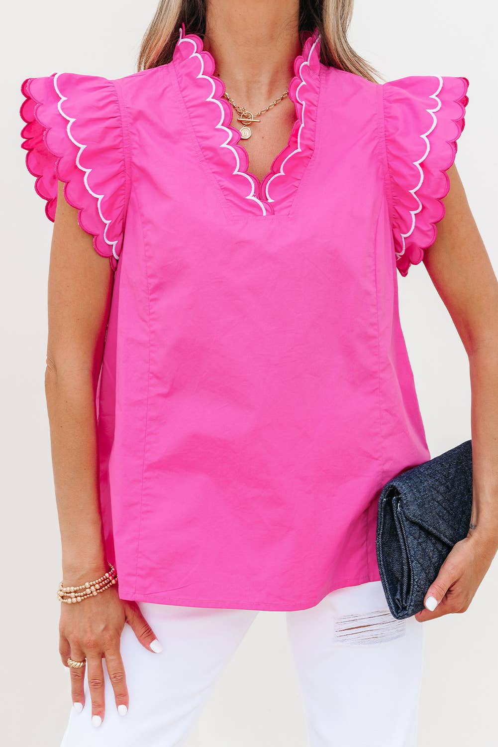 Contrast Scallop Trim Layered Short Sleeve Blouse