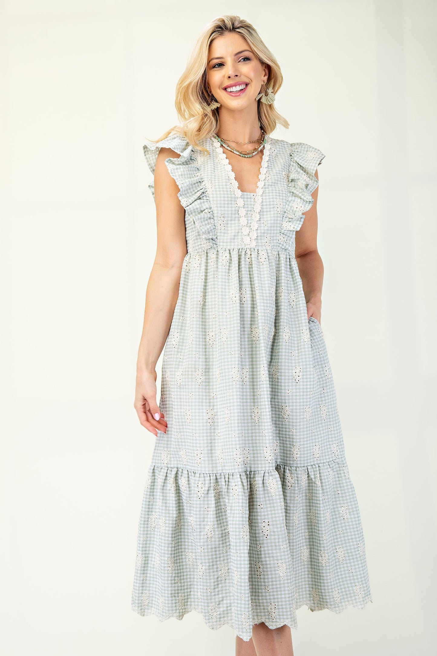 Gingham Print With Floral Embroidery Midi Dress