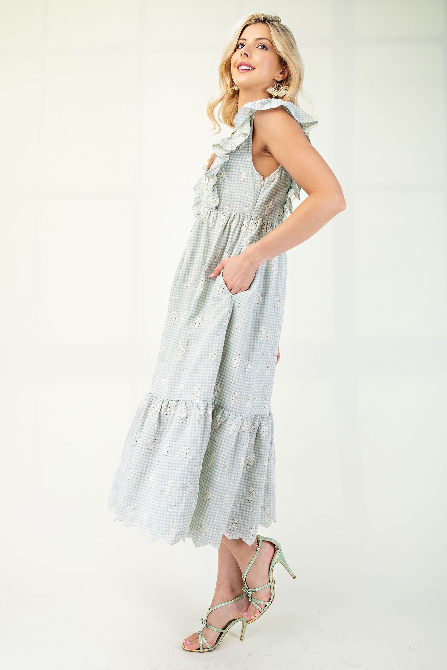 Gingham Print With Floral Embroidery Midi Dress