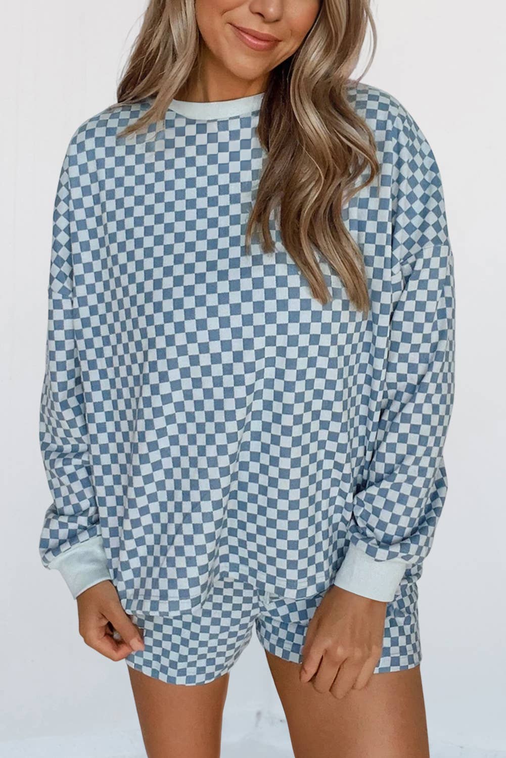 Checkered Long Sleeve Pullover &  Shorts Set
