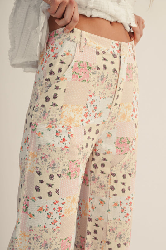 Vintage Pastel Floral Patchwork Wide Leg Pants