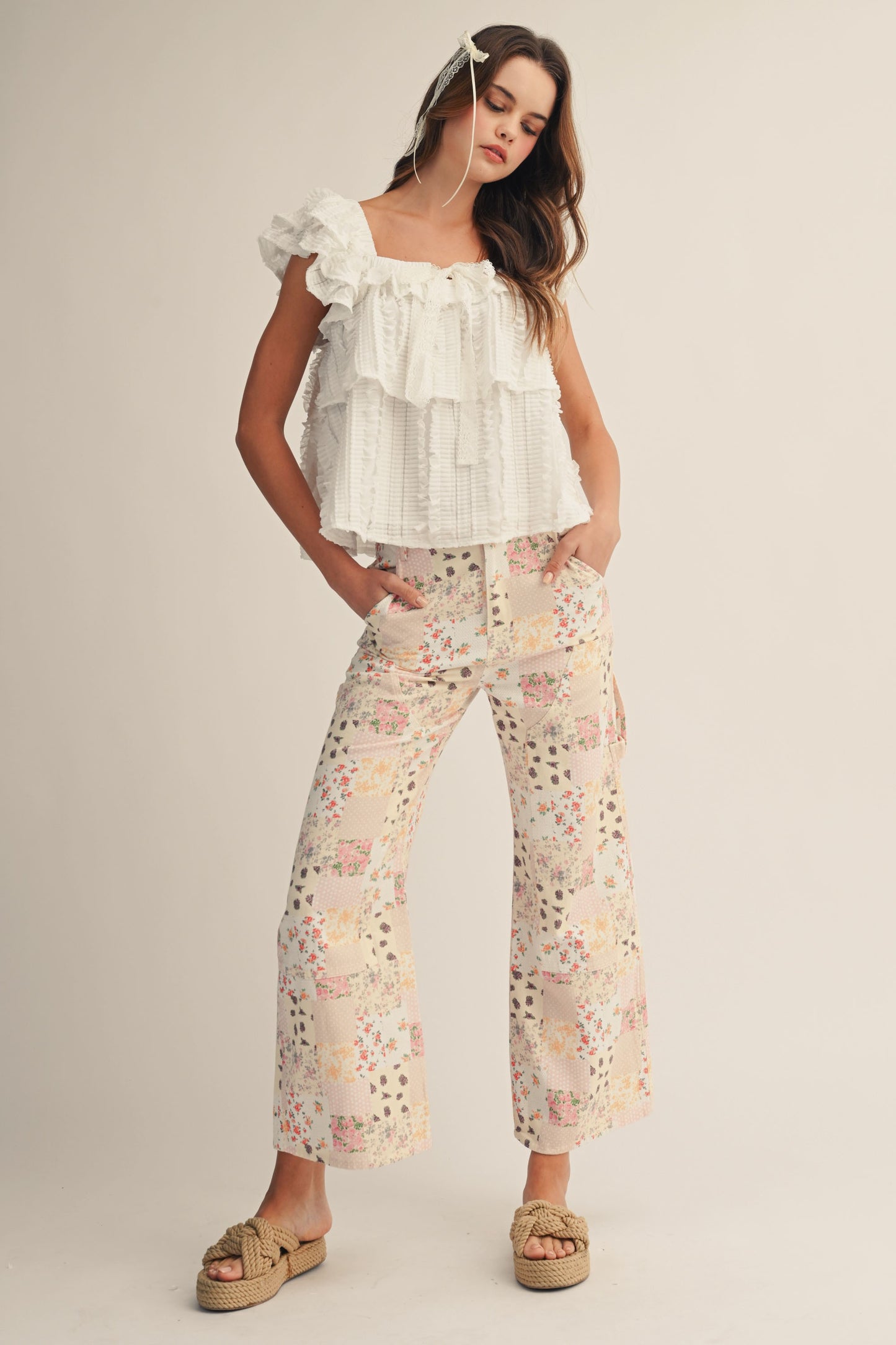 Vintage Pastel Floral Patchwork Wide Leg Pants