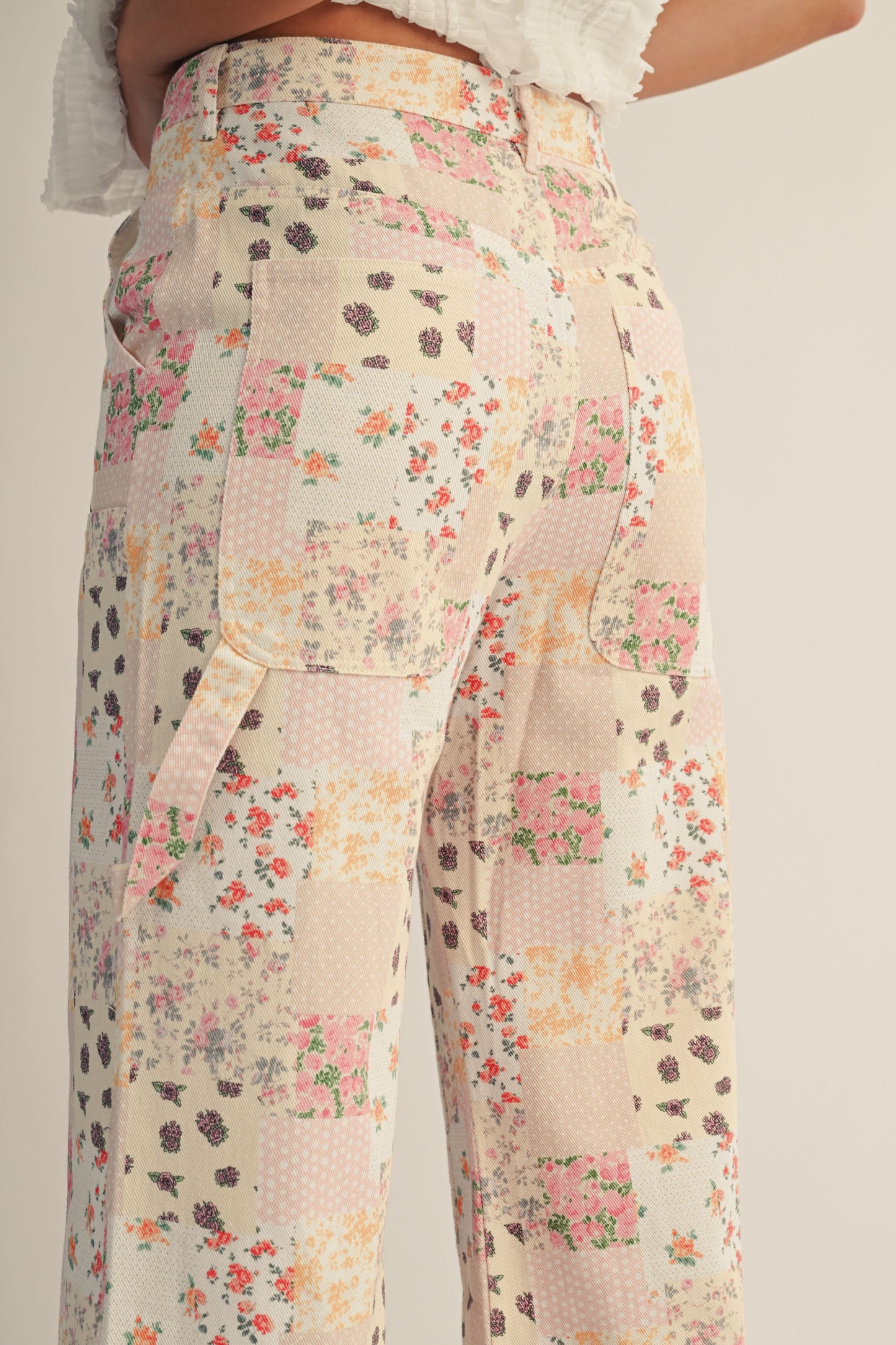 Vintage Pastel Floral Patchwork Wide Leg Pants